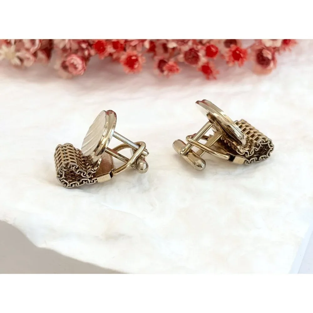 Textured Midcentury Style Oval Retro Gold Toned Round Vintage Cuff Links
